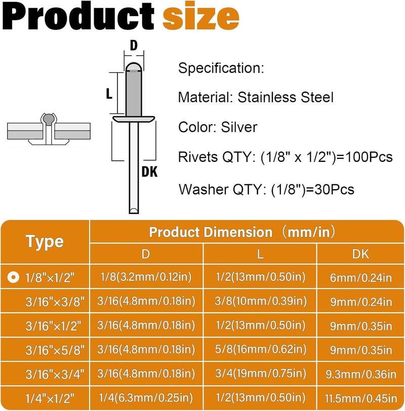 JTAREA 130pcs 1/8" x 1/2" Stainless Steel Pop Rivets with Stainless Steel Washers 3.2 x 12.7mm Blind Rivet Assortment Kit - Image 2